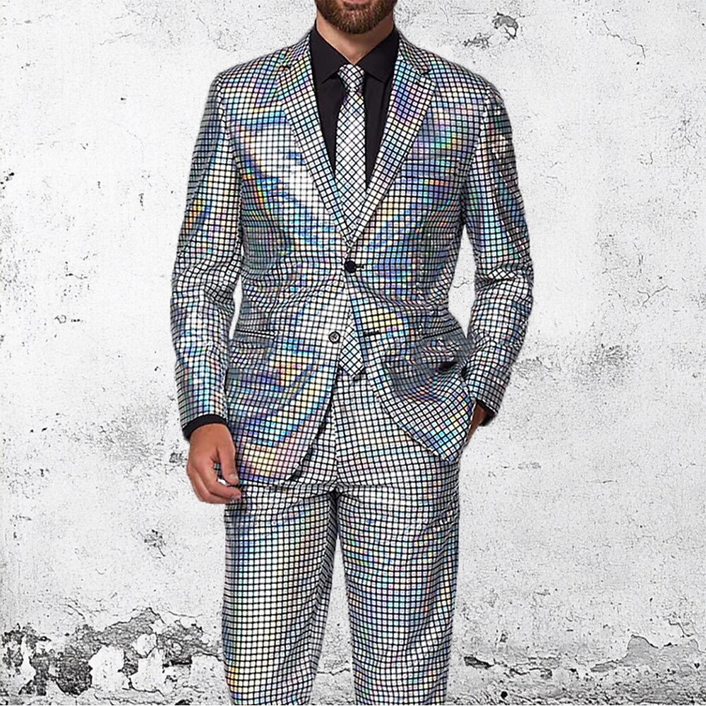 Herren Party Pailletten Anzüge Abendgarderobe Ballanzüge Plaid Schwarz Silber Gold 2 Stück Punk Mode Standard Passform Einreihig Zwei Knöpfe 2024 Lightinthebox