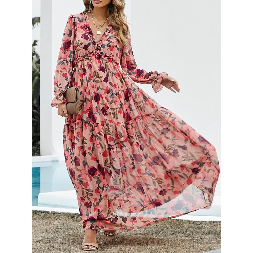 Damen Chiffon Blumen V Ausschnitt Maxidress Langarm Frühling Herbst Lightinthebox