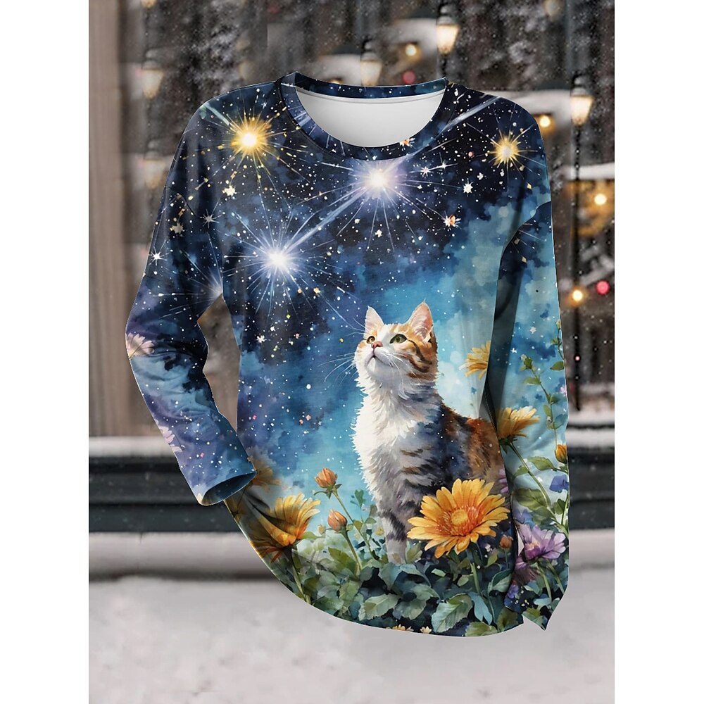 Damen T Shirt Brautkleider schlicht Blumen Katze Normale Oberteile Langarm Rundhalsausschnitt Bedruckt Regular Fit Täglich Blau Frühling Herbst Lightinthebox