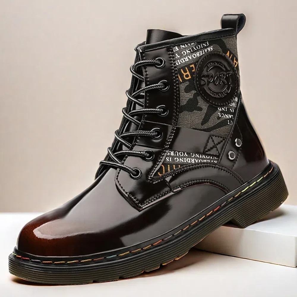 Herren-Springerstiefel aus Lack-Kunstleder - Schnürdesign im Militärstil mit Camouflage-Details, robuste Sohle für Outdoor- und Freizeitkleidung Lightinthebox