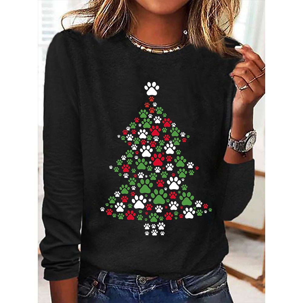 Damen T Shirt Bedruckt Weihnachten Täglich Wochenende Modisch Modern Brautkleider schlicht Langarm Rundhalsausschnitt Schwarz Herbst Winter Lightinthebox