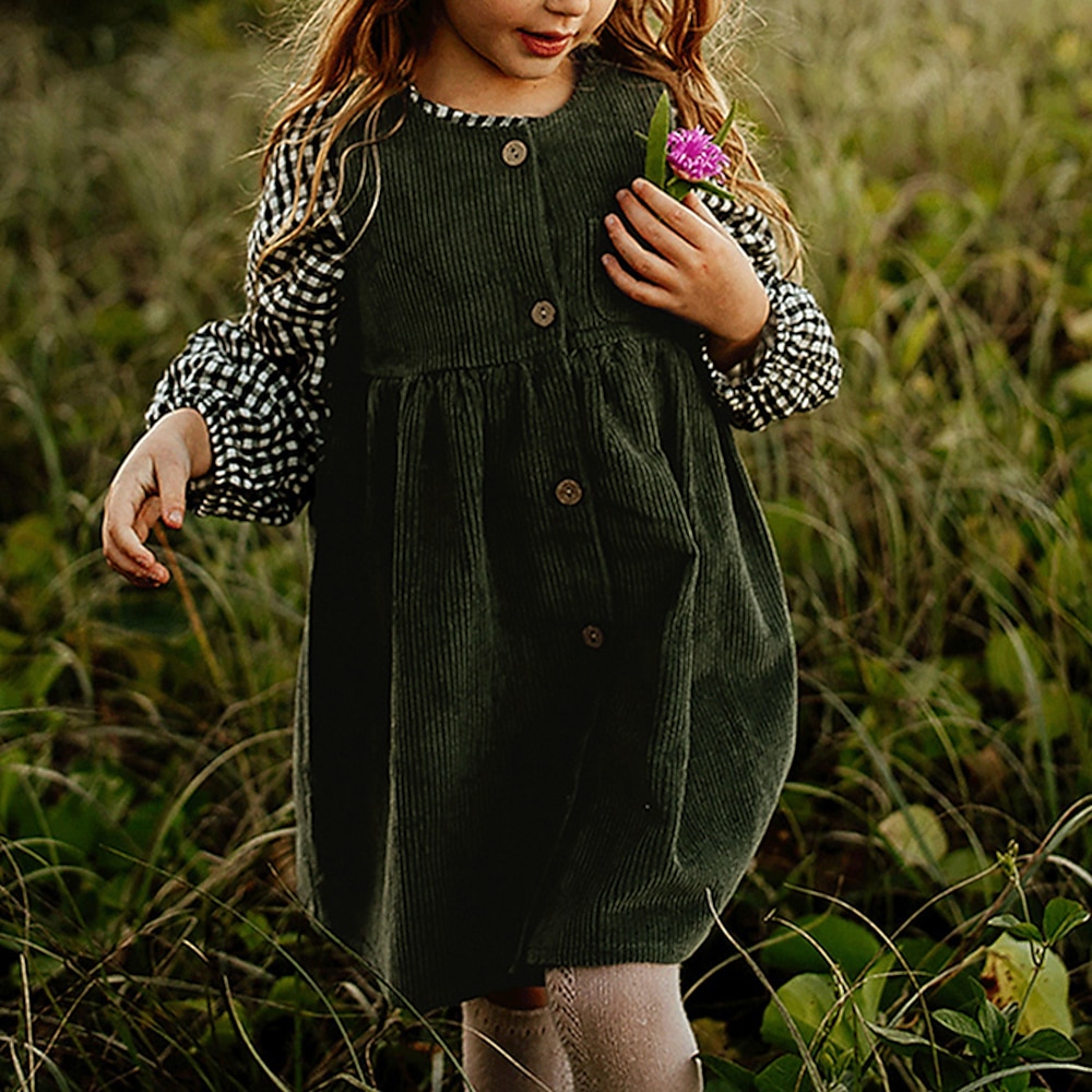 kinderkleidung Mädchen Kleid Feste Farbe Ärmellos Schulanfang Casual Knopf bezaubernd Täglich Polyester Knielang Casual kleid Frühling Herbst 4 Jahre Grün Beige Lightinthebox