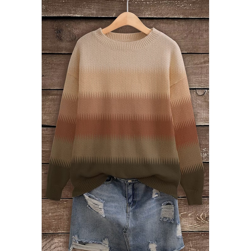 Damen Pullover Rundhalsausschnitt Stricken Strick Herbst Winter Standard Ausgehen Wochenende Strassenmode Stilvoll Brautkleider schlicht Langarm Farbblock Braun M L XL Lightinthebox