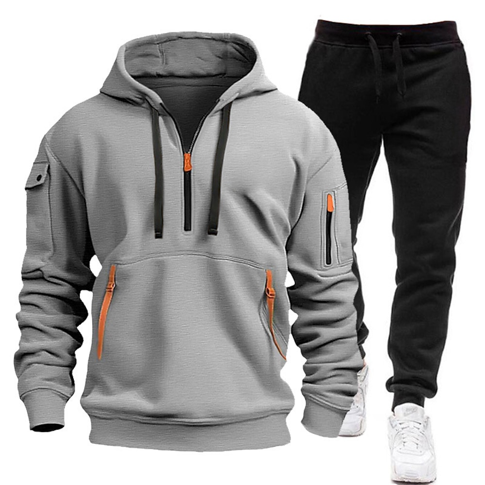 Herren Hoodie Sweatshirt Kapuze Trainingsanzug Jogginganzug Schwarz Weiß Marineblau Blau Hellgrau Mit Kapuze Troyer Halber Reißverschluss Glatt 2 teilig Sport Natur Täglich Festtage Polyester Lightinthebox