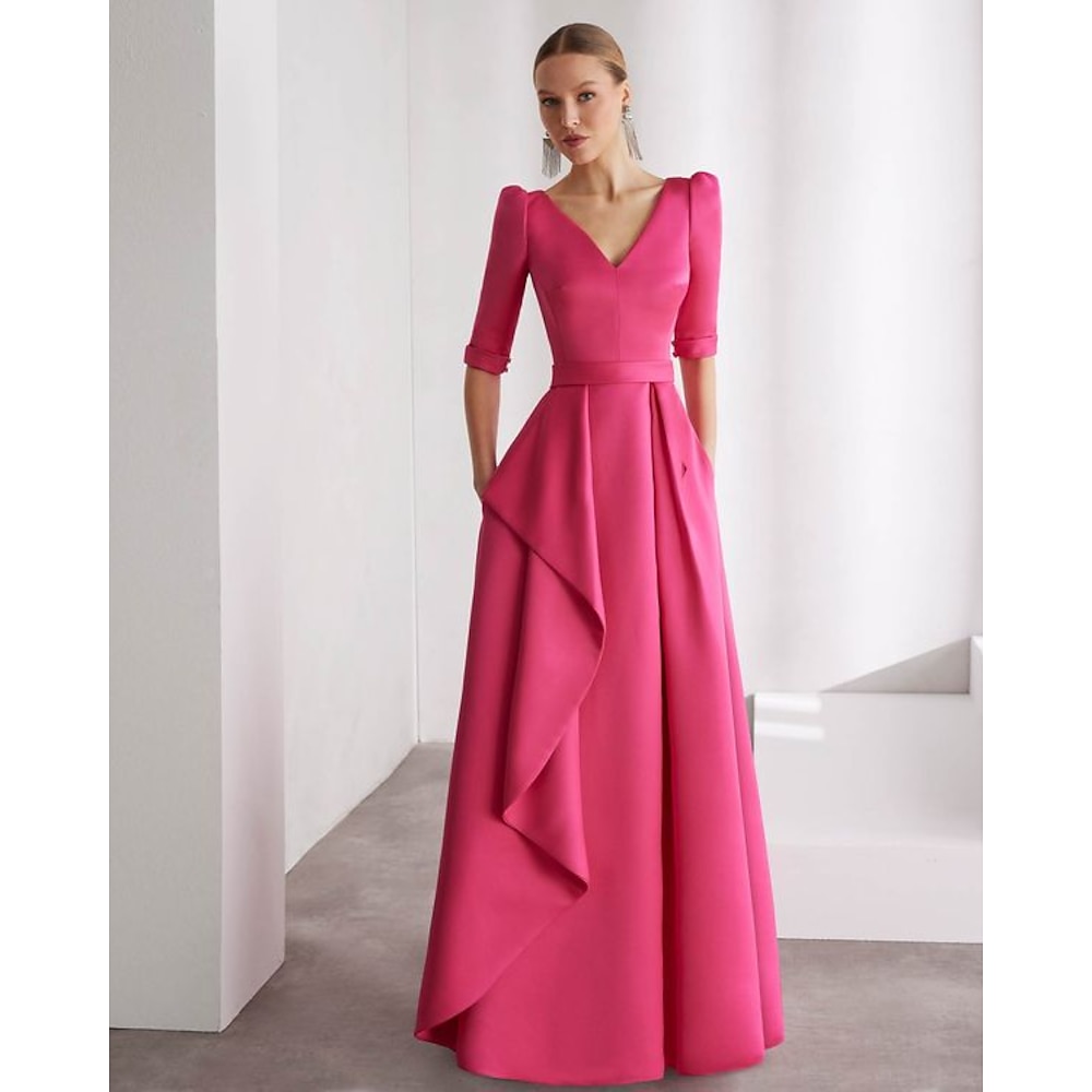 A-Linie Abendkleider Elegant Kleid Formal Weihnachten Boden-Länge Halbe Ärmel V Ausschnitt Pinkes Kleid Satin mit Rüschen 2024 Lightinthebox