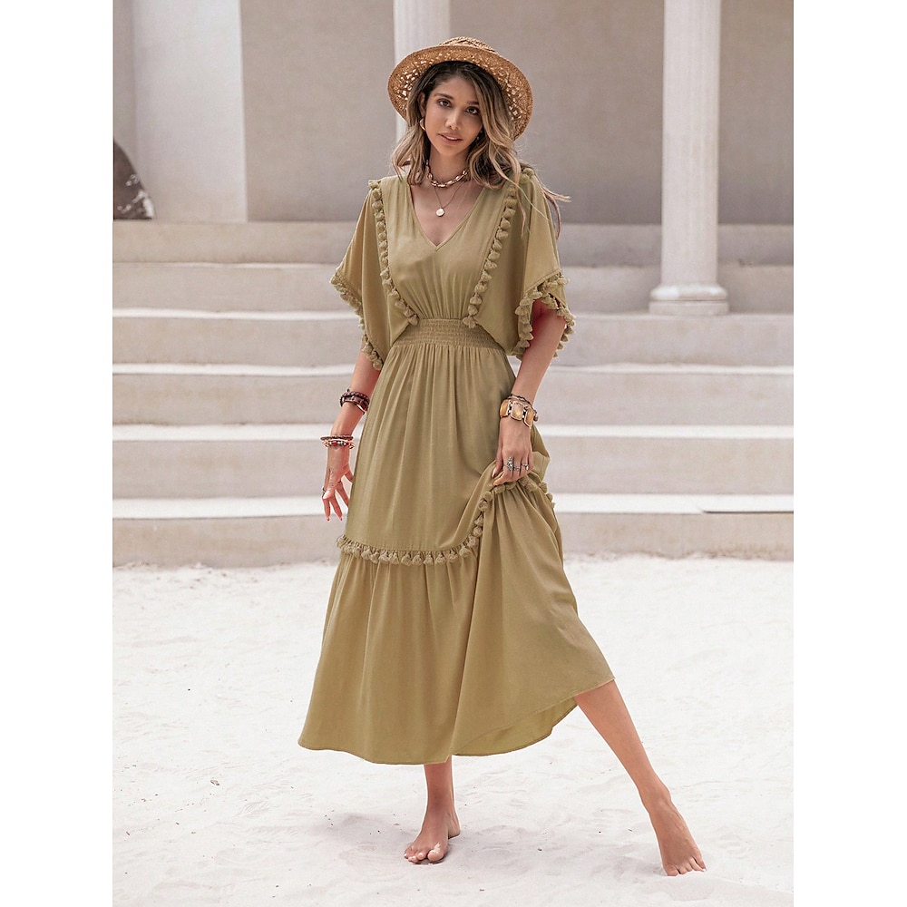 Damen Casual kleid Maxidress Viskose Quaste Arbeit Verabredung Vintage Brautkleider schlicht V Ausschnitt Kurzarm Puffärmel Khaki Farbe Lightinthebox