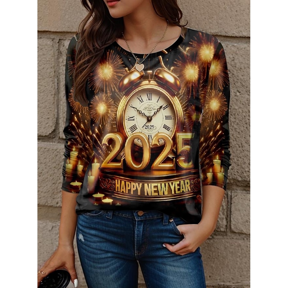 Damen T Shirt Modisch Modern Brautkleider schlicht Vintage Normale Oberteile Langarm Rundhalsausschnitt Bedruckt Regular Fit Neujahr Täglich Wochenende Leicht Braun Herbst Winter Lightinthebox