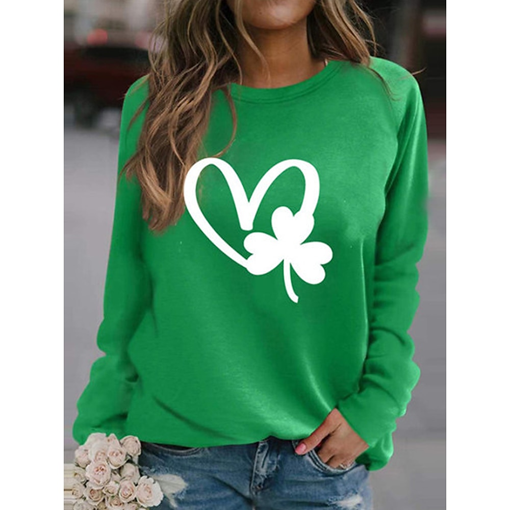 Damen-Sweatshirt zum St. Patrick's Day mit Herz und Kleeblatt, Street-Style-Print, lässiger Rundhalsausschnitt, lange Ärmel, mikroelastisch, Herbst/Winter Lightinthebox