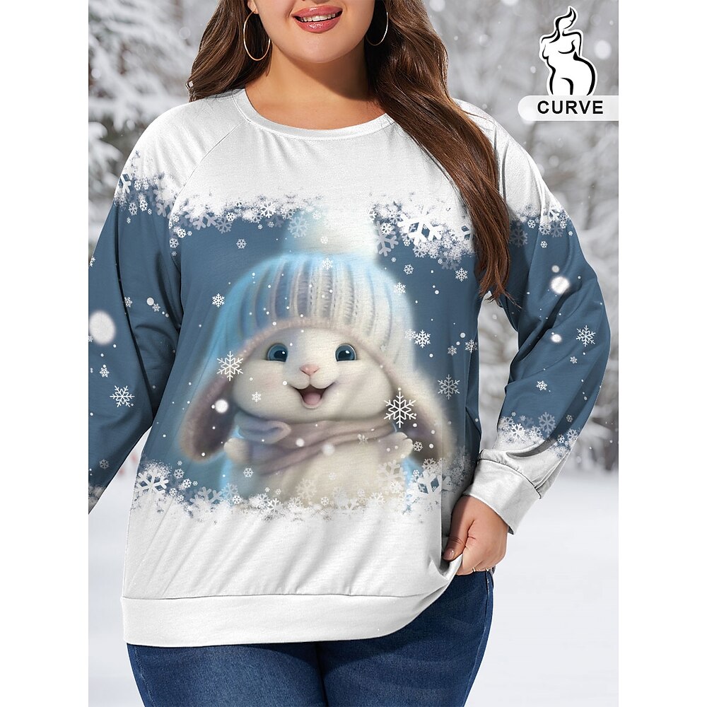 Damen Übergröße Oberteile Pullover Karikatur Schneeflocke Bedruckt Langarm Rundhalsausschnitt Brautkleider schlicht Weihnachten Täglich Polyester Herbst Winter Blau Lightinthebox