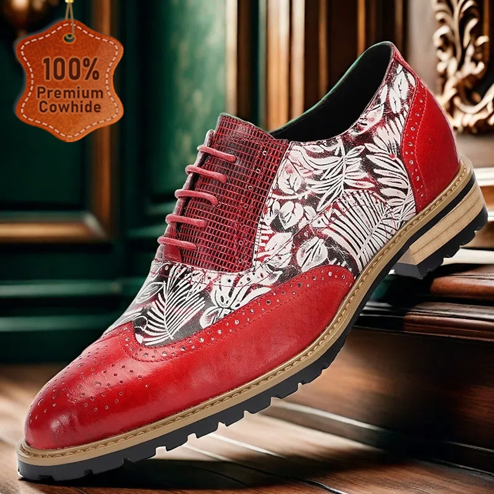 Rote Oxford-Schuhe für Herren mit Blumenmuster - hochwertiges Rindsleder mit Brogue-Details und robuster Sohle für formelle Anlässe Lightinthebox