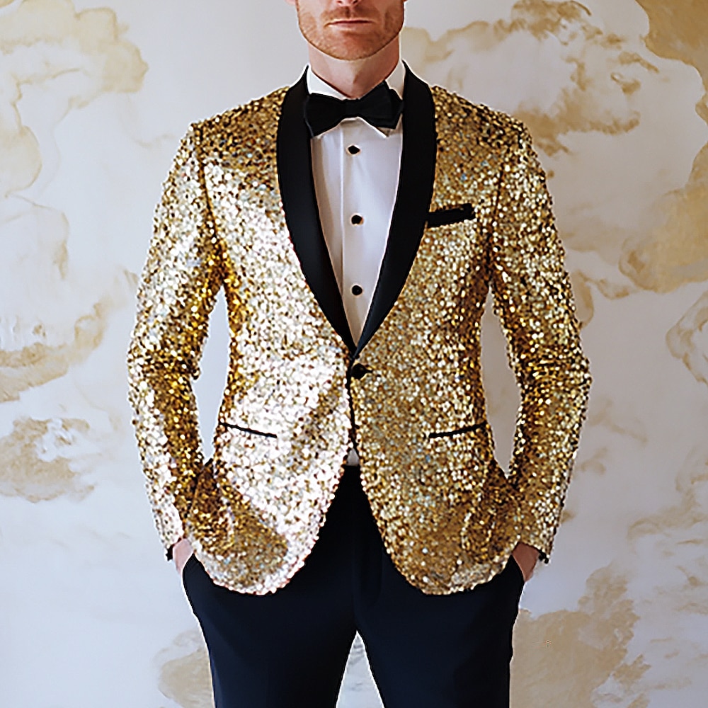 Herren-Party-Blazer mit Pailletten, einfarbig, schwarz-gold, modischer, lässiger Blazer, reguläre, maßgeschneiderte Passform, einreihig, mit einem Knopf, 2024 Lightinthebox