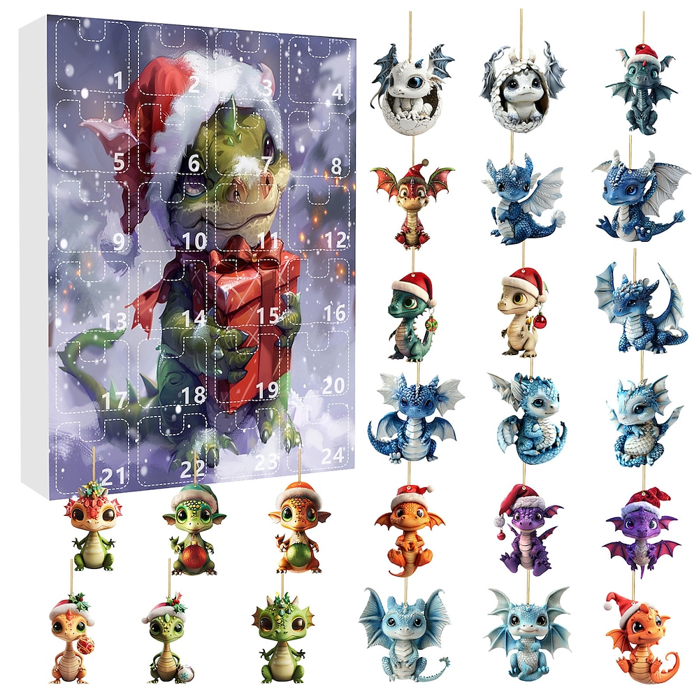 Drachen-Adventskalender 2024, Weihnachts-Countdown-Kalender mit Drachen-Ornamenten, Spielzeug, Weihnachts-Adventskalender 24 Tage 2024, Weihnachtsbaum-Dekor Lightinthebox