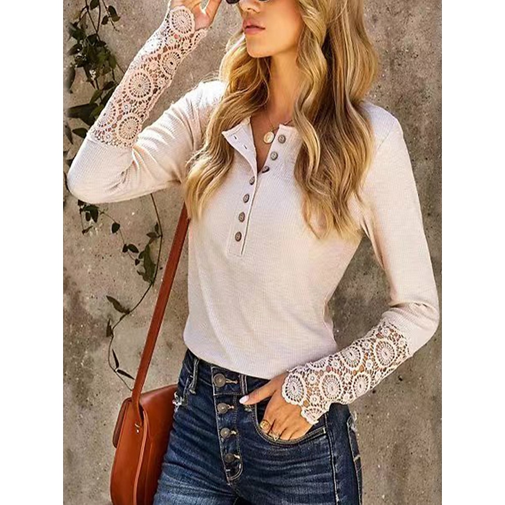 Damen T Shirt Arbeit Ausgehen damas Langarm Beige Frühling Herbst Lightinthebox