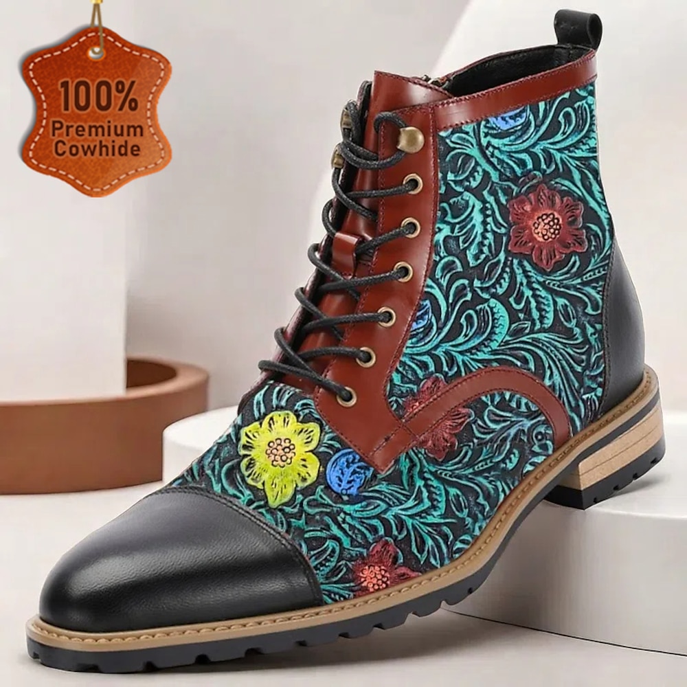 Herren-Schnürstiefel aus hochwertigem Rindsleder mit Blumenmuster und Zehenkappe - stilvolles und langlebiges Schuhwerk für legere und formelle Anlässe Lightinthebox