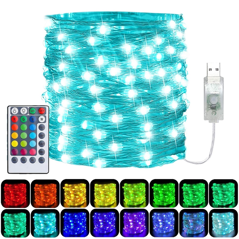 LED-Lichterkette mit USB-Stromversorgung, 5 m - 50 LEDs/10 m - 100 LEDs/12 m - 120 LEDs, mehrfarbige Lichterkette mit Farbwechsel, 4 Modi, wasserdichte Lichterkette aus Kupferdraht mit Ferntimer für Lightinthebox