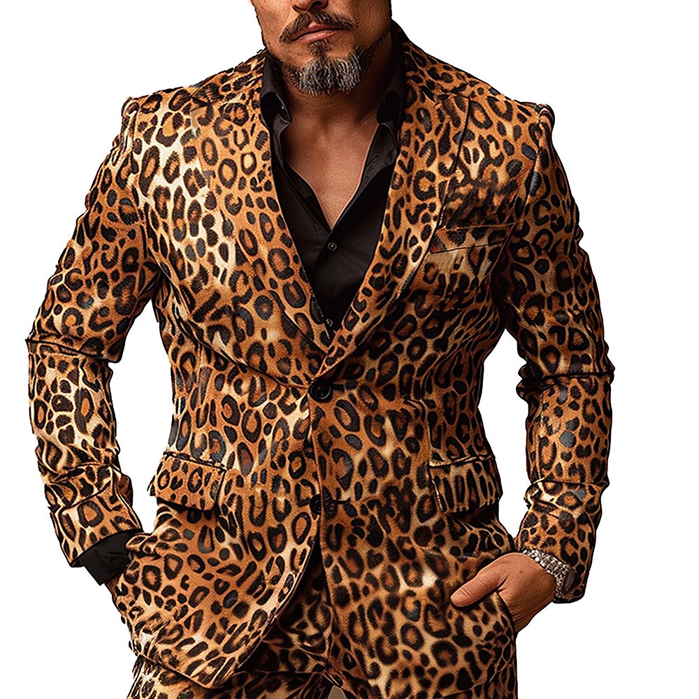 Herren Leopard-Druck Mantel Blazer-Jacke Atmungsaktiv Komfortabel Künstlerisch Brautkleider schlicht Outdoor Strasse Täglich Knopf 3D-Druck Multi Pocket Herbst Winter Umlegekragen Langarm Orange Lightinthebox