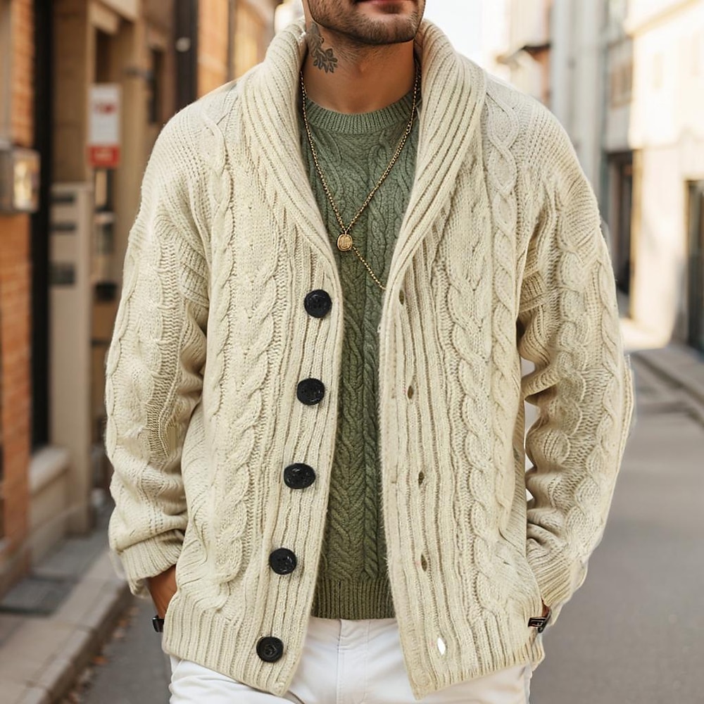 Herren Strickjacke Cardigan-Mantel Grobstricken Stricken Knopf hoch Kabel Feste Farbe Schalkragen Strickware Vintage Formal Party Bekleidung Drop-Schulter Herbst Winter Schwarz Marineblau M L XL Lightinthebox