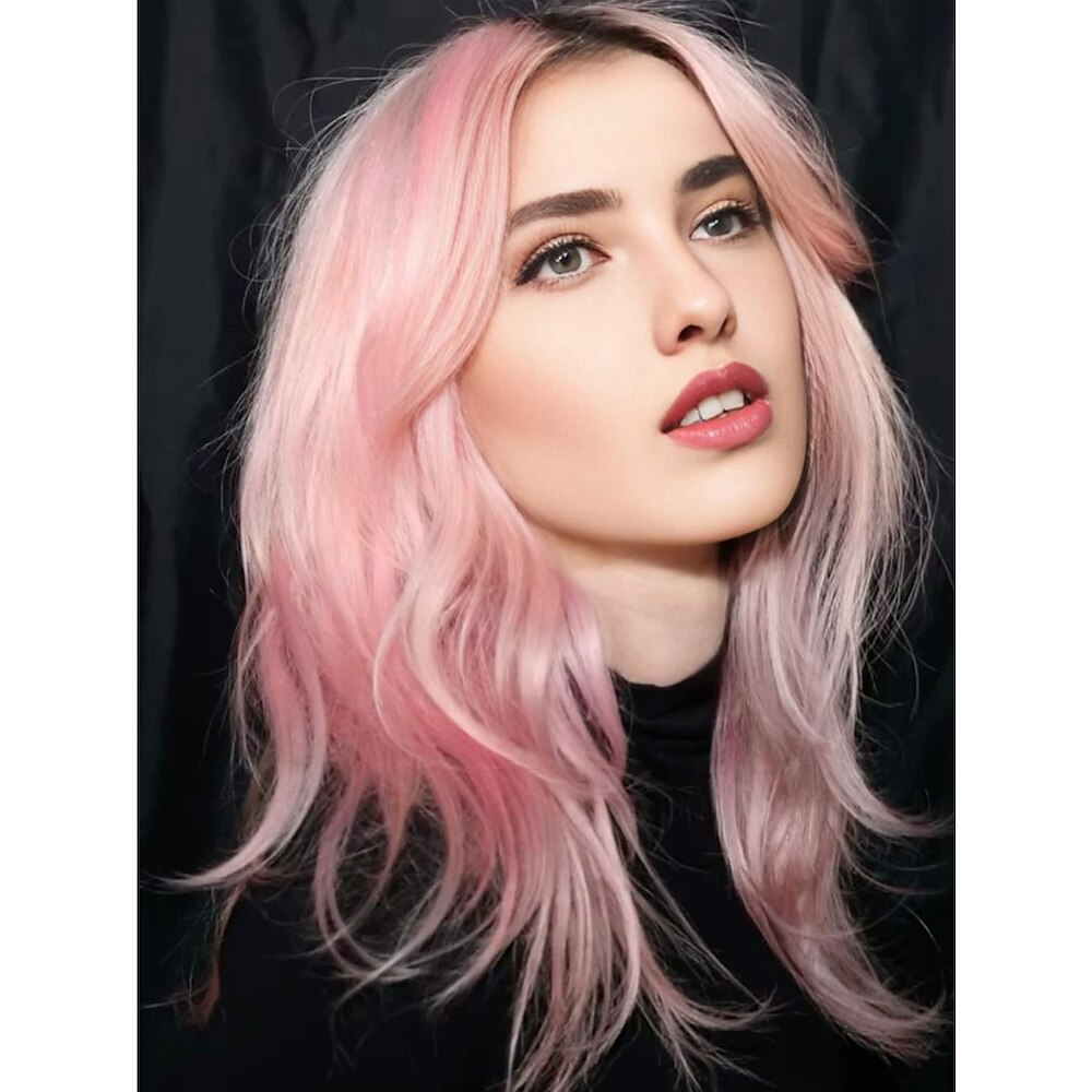 Megan Fox inspirierte Perücke, gewellte, asymmetrische Perücke, mittellang, rosa Kunsthaar, modisches Damendesign, weiches Naturrosa Lightinthebox