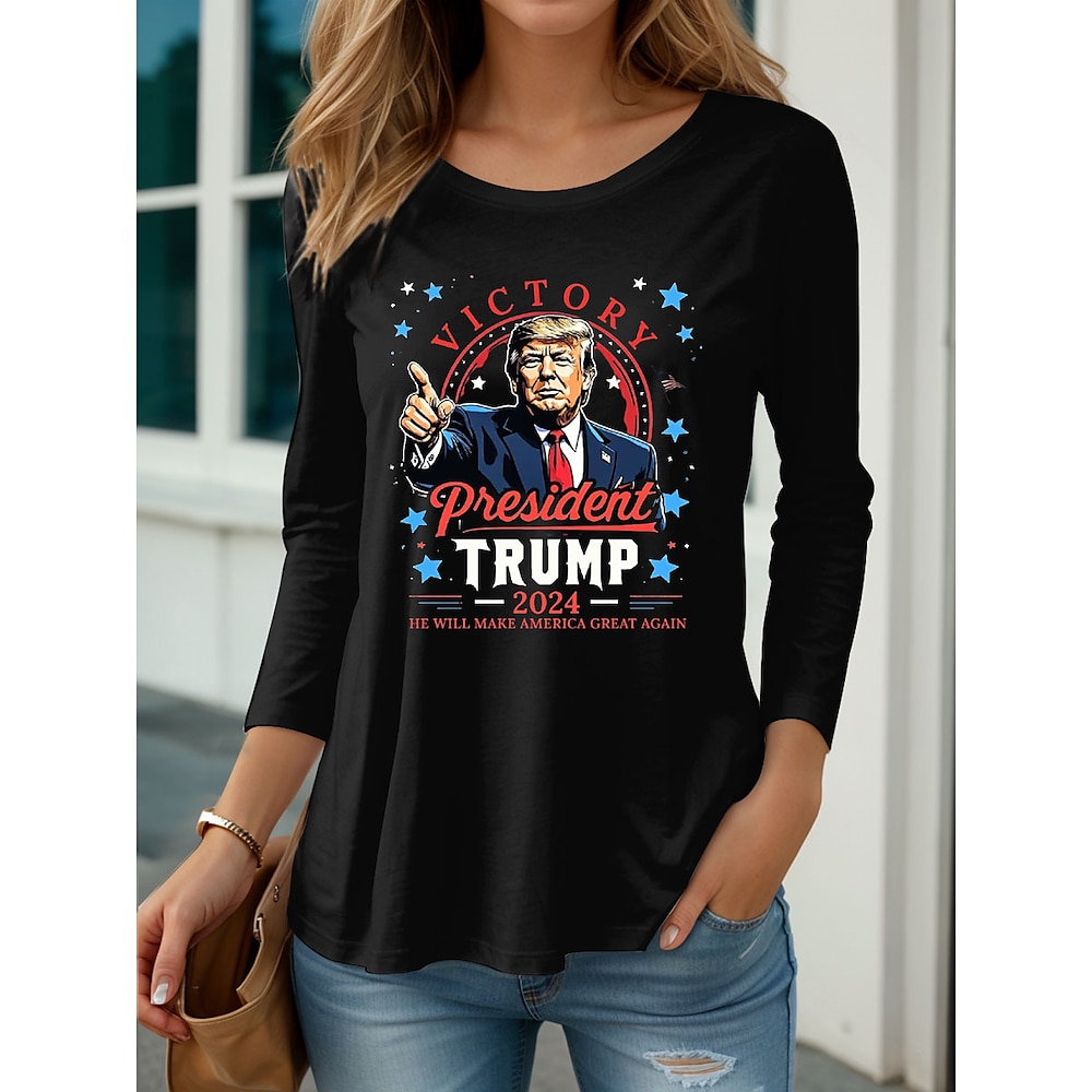 Damen Trump 100% Baumwolle Grafik Buchstaben Street T-Shirt Alltag Wochenende Casual Langarm Schwarz Herbst Winter Lightinthebox