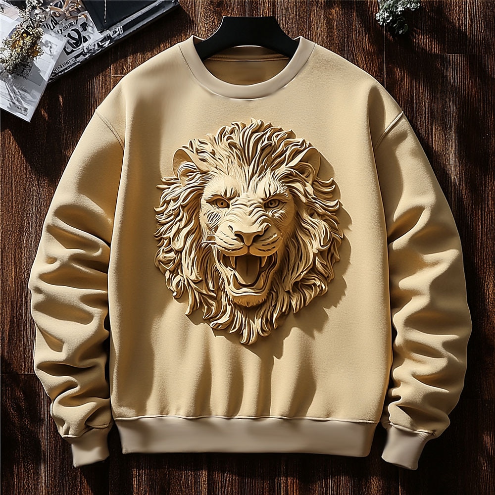 Herren Tier Löwe Pullover Sweatshirt Pullover Sweatshirt mit Kapuze Rundhalsausschnitt Modisch 3d Drucken Urlaub Ausgehen Strassenmode Khaki Dunkelblau Rundhalsausschnitt 3D-Druck Winter Frühling Lightinthebox