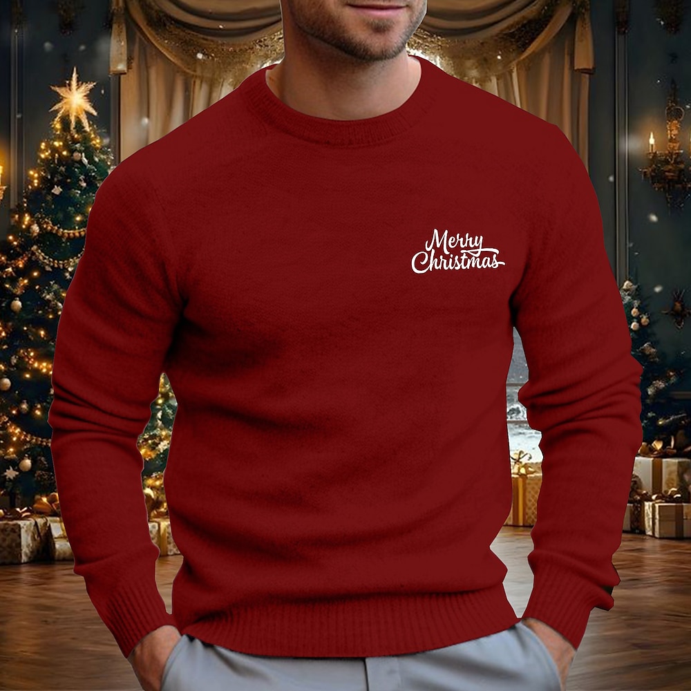 Weihnachten Herren Feste Farbe Fröhliche Weihnachten Pullover Rundhalsausschnitt Brautkleider schlicht Party-Abendgarderobe Täglich Pullover für Silvester Bestickt Gestrickt Warm Langarm Herbst Winter Lightinthebox