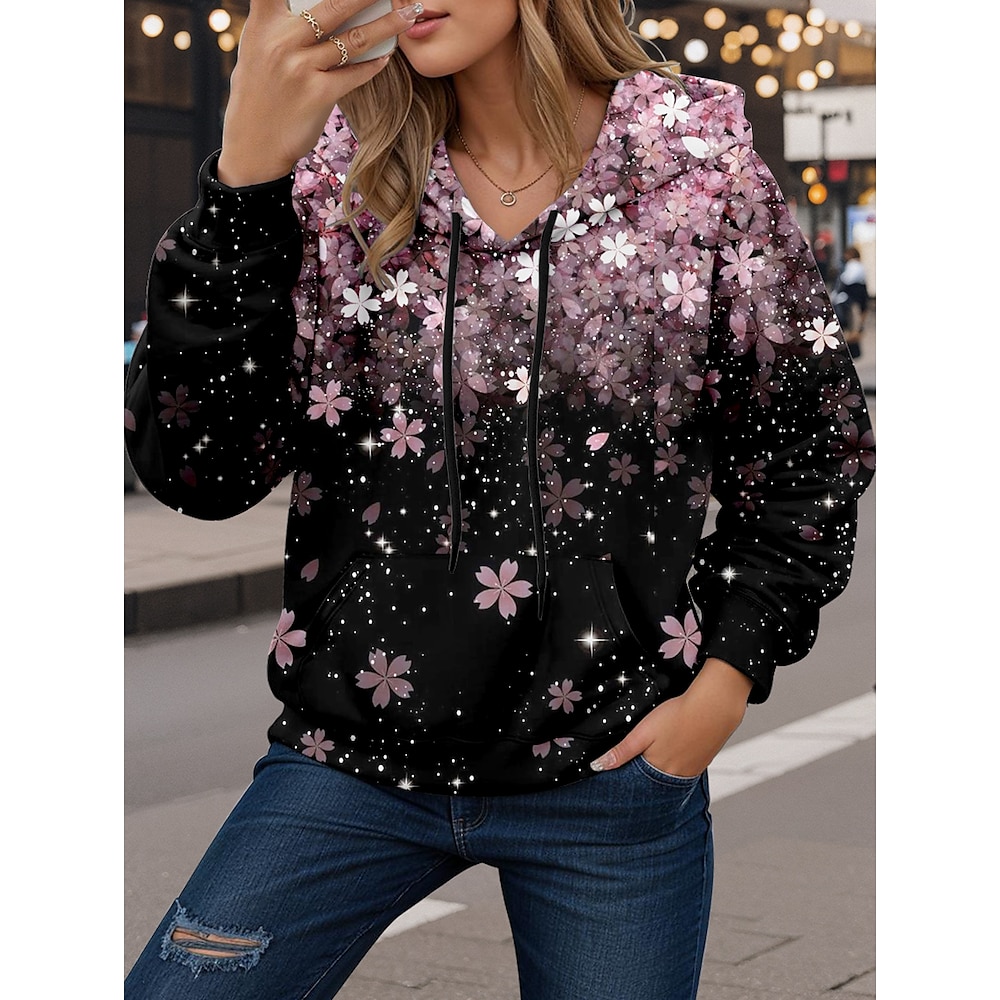 Damen Hoodie Sweatshirt Casual Blumenmuster Street Alltagskleidung Casual Hoodie Taschendruck Langarm Rosa Herbst Winter Lightinthebox