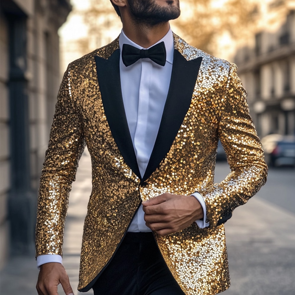 Herren Smoking Blazer Jacke Pailletten Hochzeit Party Casual Alle Jahreszeiten Polyester Pailletten einfarbig Basic Einreihig Ein-Knopf Blazer Gold Lightinthebox