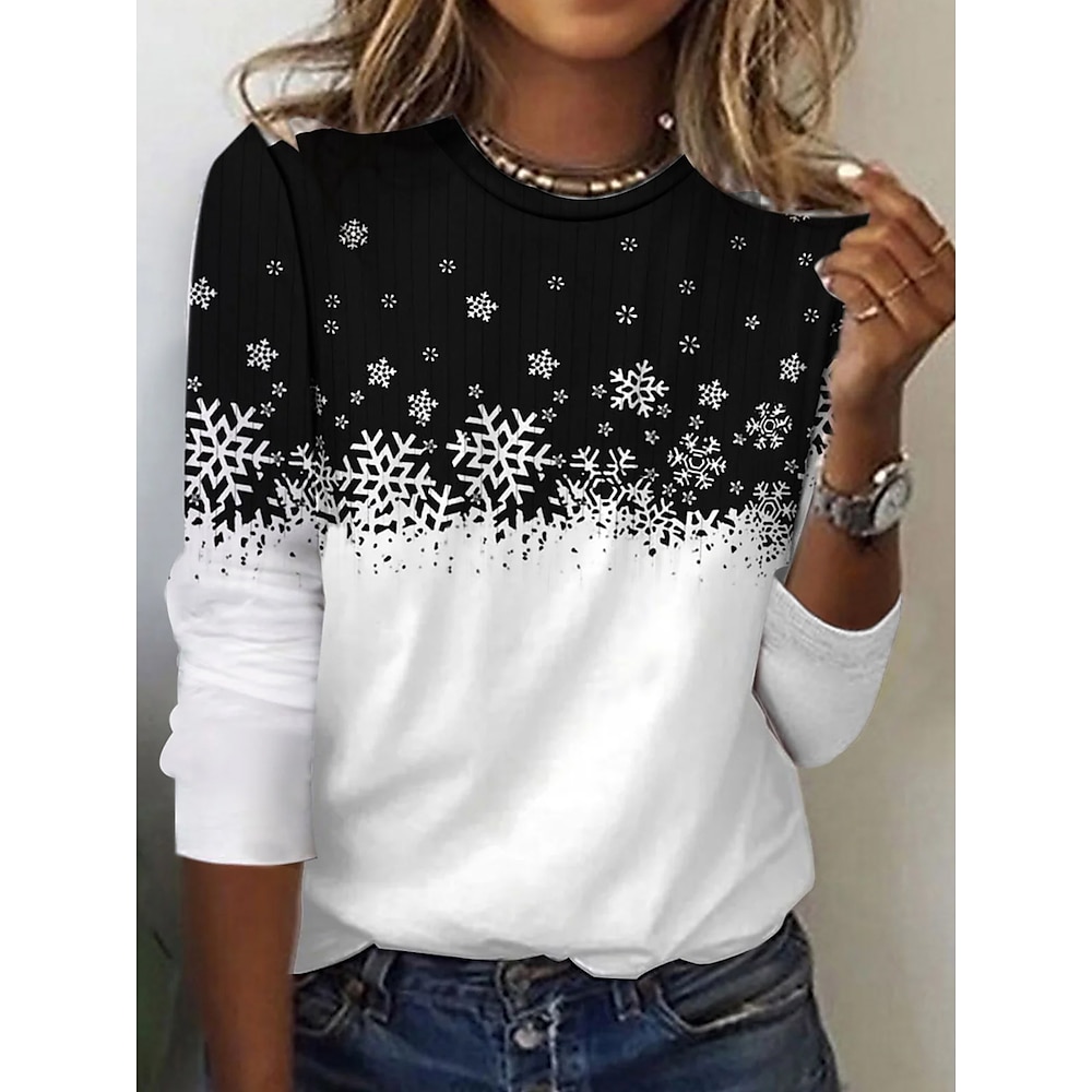 Damen T-Shirt Mode Modern Casual Schneeflocke Regular Tops Langarm Rundhals Print Normale Passform Alltag Wochenende Weiß Herbst Winter Lightinthebox