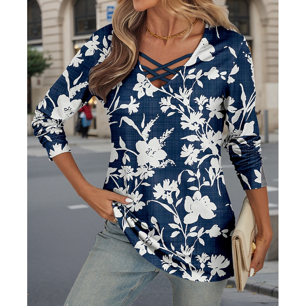 Damen T Shirt Täglich Vintage Brautkleider schlicht Langarm Marineblau Frühling Herbst Lightinthebox