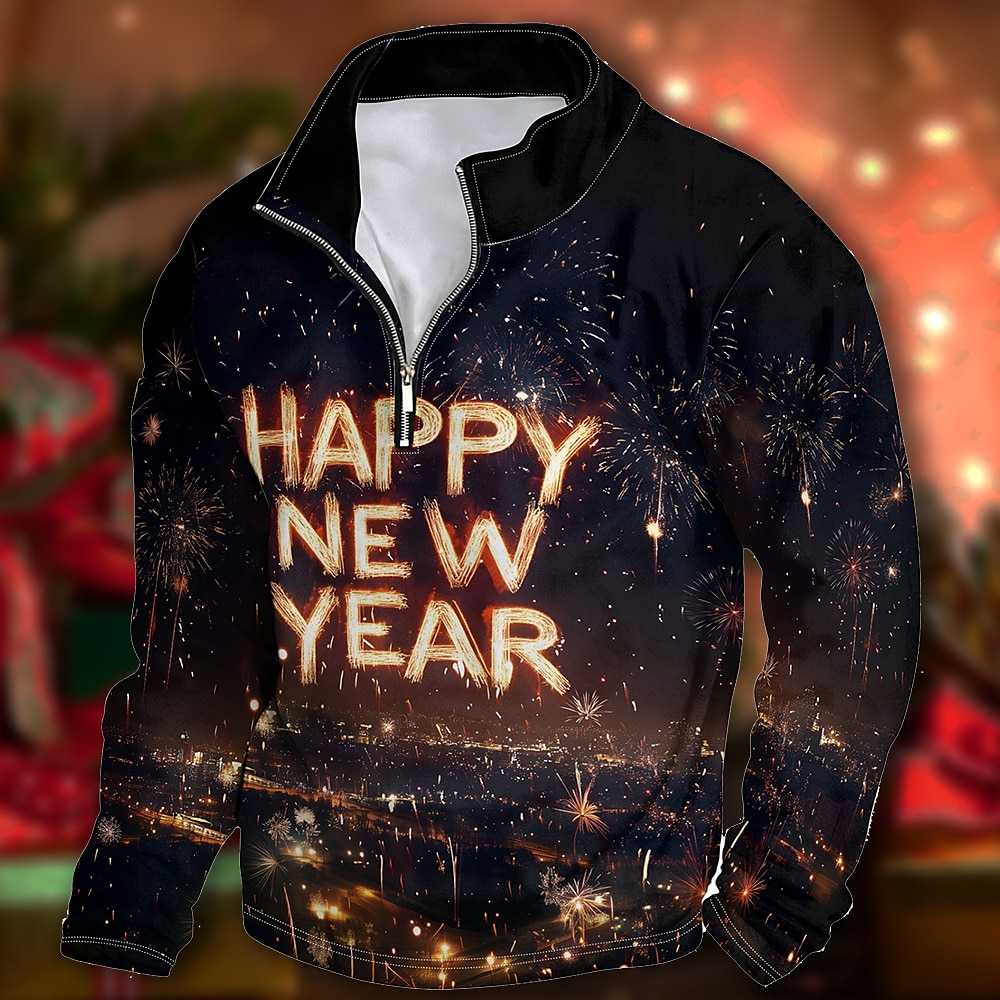 Neujahrs-Kapuzenpullover für Herren mit Grafik „Frohes neues Jahr" mit Viertelreißverschluss, Kapuzenpullover, Stehkragen, täglicher 3D-Druck, Urlaub, Neujahr, Ausgehen, schwarzer Druck, Winter, Lightinthebox