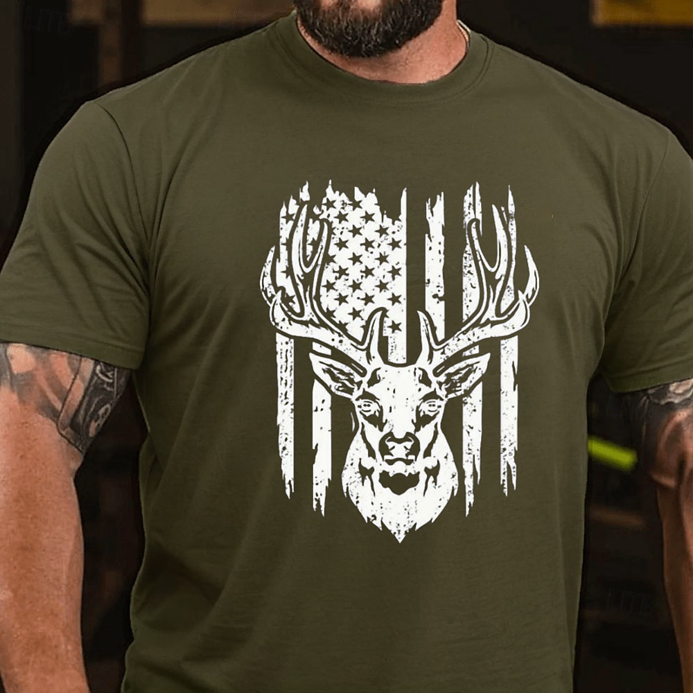 Herren Amerikanische US-Flagge Jagd Hirsch T Shirt T-Shirt 100% Baumwolle Kurzarm Grafik Hemd Heather Grey Weiß Armeegrün Bequemes T-Shirt Strasse Campen und Wandern Modedesigner-Kleidung Lightinthebox