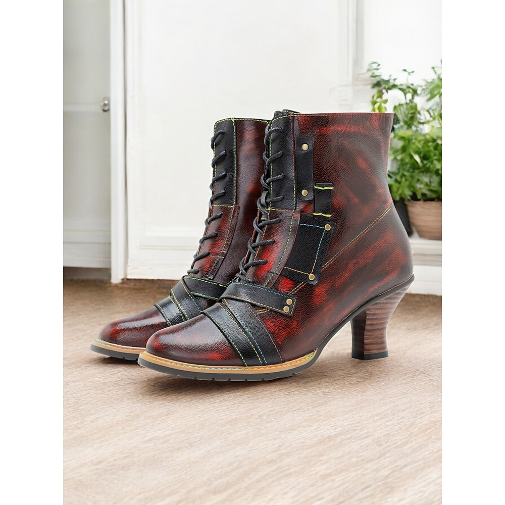 rot-schwarze Damen-Stiefeletten zum Schnüren mit dekorativen Riemen und mittelhohem Absatz - Steampunk-inspiriertes Schuhwerk für Cosplay und einzigartige Outfits Lightinthebox