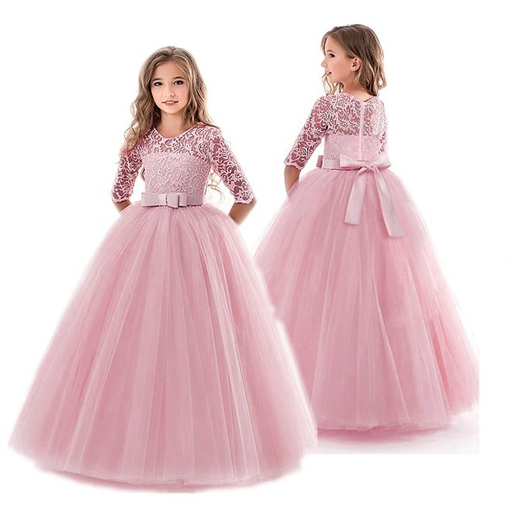 kinderkleidung Mädchen Blumenmädchen Kleid Kleid Einfarbig Pegeant Schleife Vintage Prinzessin Polyester Maxi Rosa Prinzessinnenkleid Weiß Rosa Wein Lightinthebox