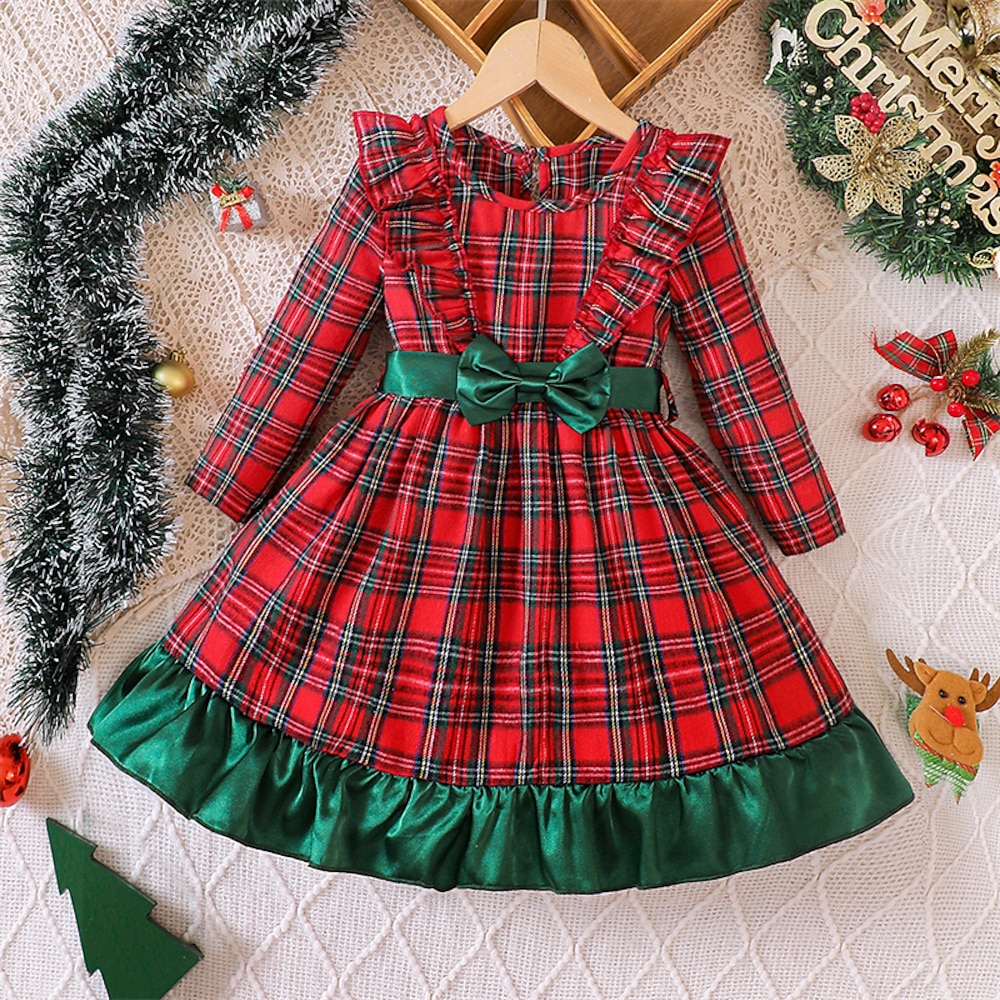 kinderkleidung Mädchen Weihnachtsoutfit Kleid Plaid Langarm Leistung Casual Rüsche Patchwork bezaubernd Täglich Polyester Midi Casual kleid Frühling Herbst 4 Jahre Rote Lightinthebox