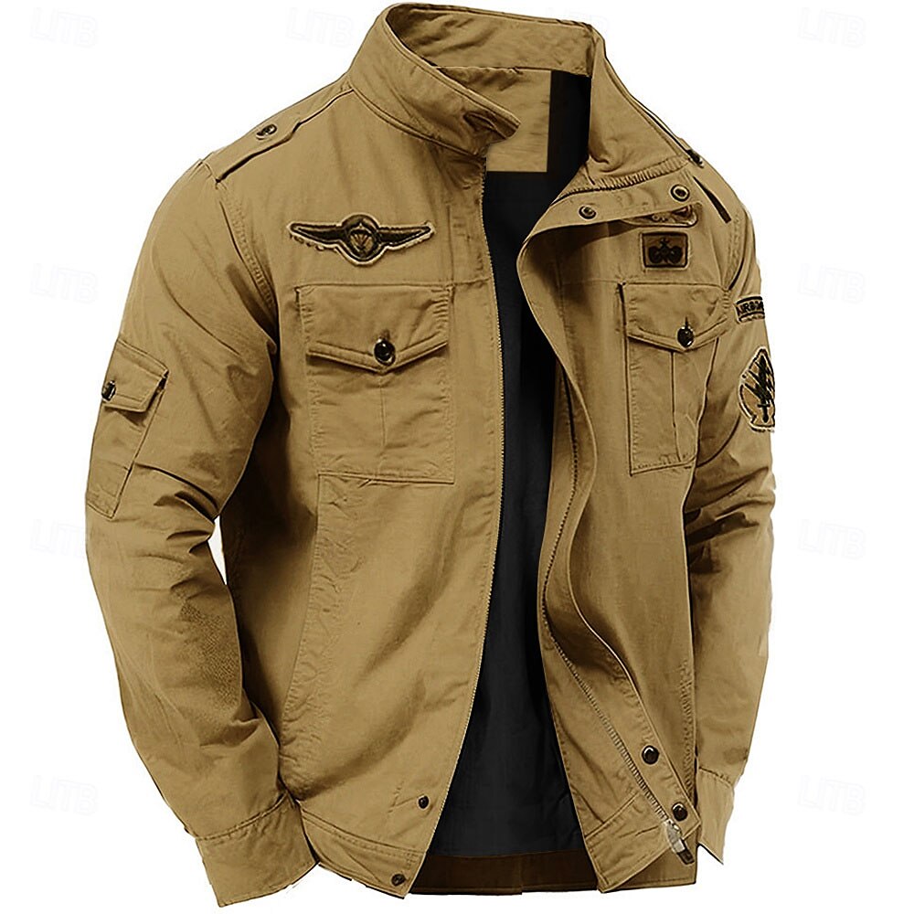 Herren-Militärjacke aus Baumwolle mit Stickerei, Cargo-Jacke mit Schulterriemen, langärmelig, Stehkragen, mehrere Taschen, Mantel, Trucker-Jacke, taktische Oberbekleidung Lightinthebox