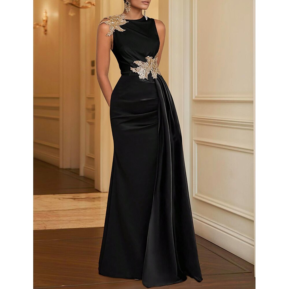 Eng anliegend Abendkleider Elegant Kleid Formal Weihnachten Boden-Länge Ärmellos Schmuck Tasche Satin mit Stickerei 2024 Lightinthebox