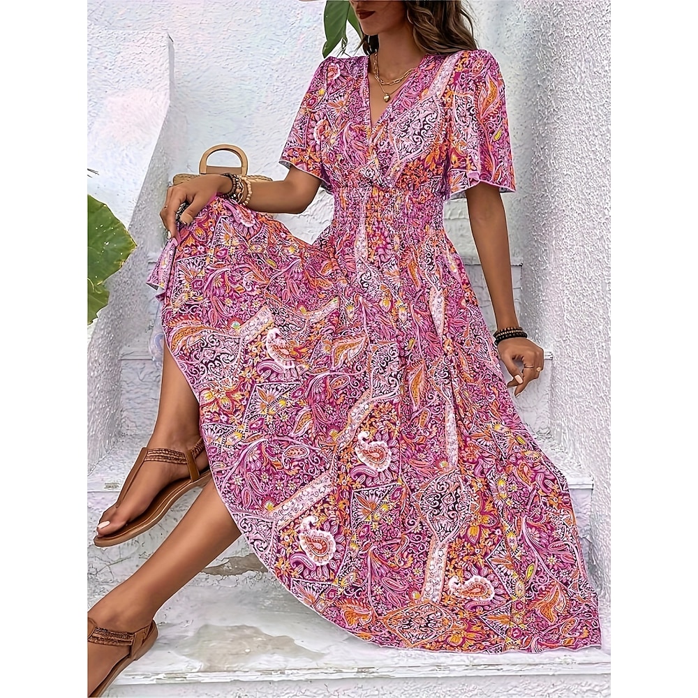 Damen Polyester Blumen Paisley-Muster V Ausschnitt Maxidress Kurzarm Sommer Frühling Lightinthebox