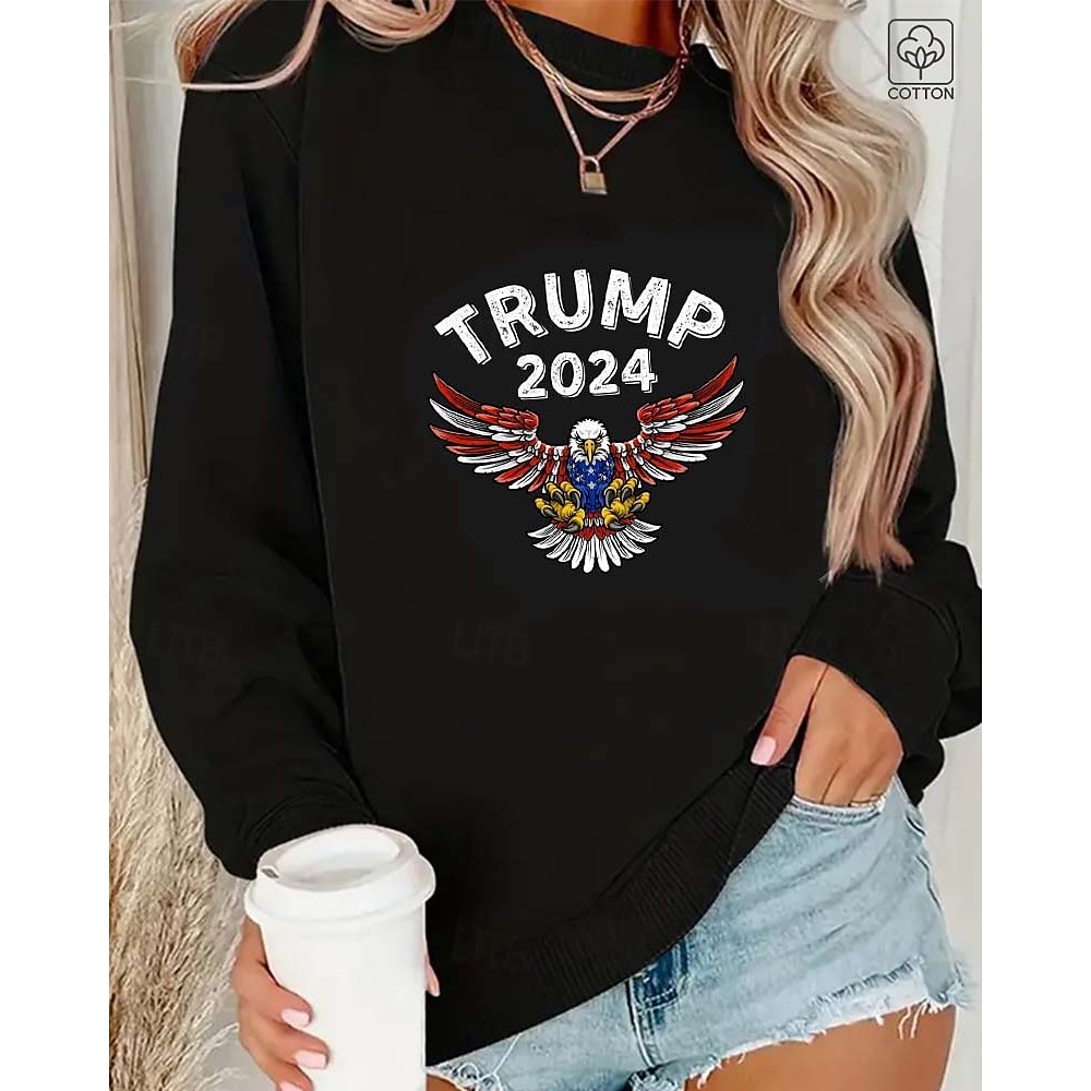 Damen-Sweatshirt mit Trump-Grafik, 85 % Baumwolle, 2024, Baumwolle, grafische Buchstaben, Street-Style, Rundhalsausschnitt, lässig, langärmelig, schwarz, Sommer, Frühling, Herbst, Winter, modische Lightinthebox