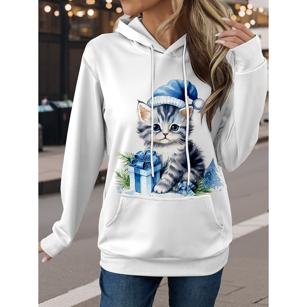 Damen Hoodie Sweatshirt Kapuze Baumwolle Katze Strasse Alltagskleidung Tasche Bedruckt Brautkleider schlicht Kapuzenpullover Langarm Mikro-elastisch Herbst Winter Lightinthebox