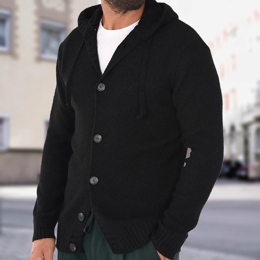 Herren Strickjacke Strickpullover Gerippt Stricken Standard Knopf hoch Seitentaschen Feste Farbe Mit Kapuze Modisch Klassisch Freizeitskleidung Verabredung Bekleidung Herbst Winter Schwarz Weiß M L XL Lightinthebox