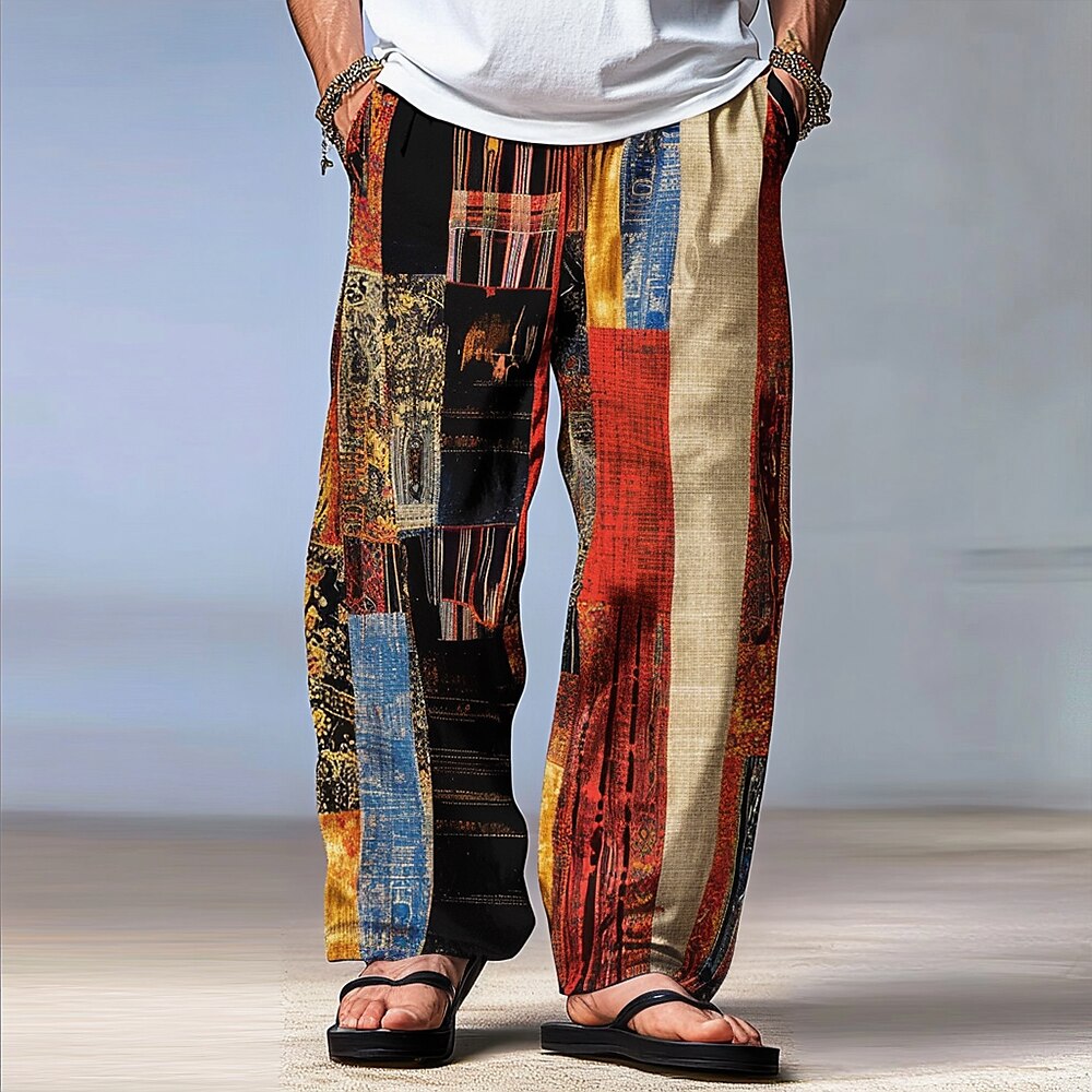 Herren Farbblock Patchwork Hosen Hose Mittlere Taillenlinie Elastischer Kordelzug in der Taille Hawaiianisch Brautkleider schlicht Outdoor Party-Abendgarderobe Festtage Hose mit geradem Bein Sommer Lightinthebox