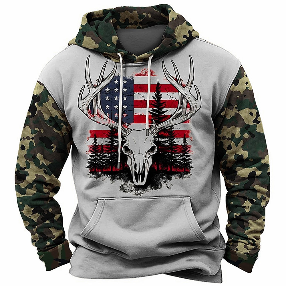 Herren Amerikanische US-Flagge Totenkopf Motiv Hoodies Pullover Hoodie Sweatshirt Kapuze Sweatshirt mit Kapuze Mit Kapuze Täglich 3D-Druck Jagd Strassenmode Grau Bedruckt Vordertasche Frühling Lightinthebox