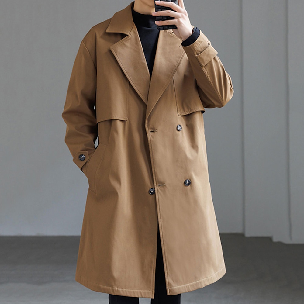 Herren Mantel Trenchcoat Langer Trenchcoat Täglich Urlaub Herbst Winter Polyester Windundurchlässig Weich Oberbekleidung Bekleidung Modisch Klassisch Glatt Tasche Kargen Doppelreihiger Verschluss Lightinthebox