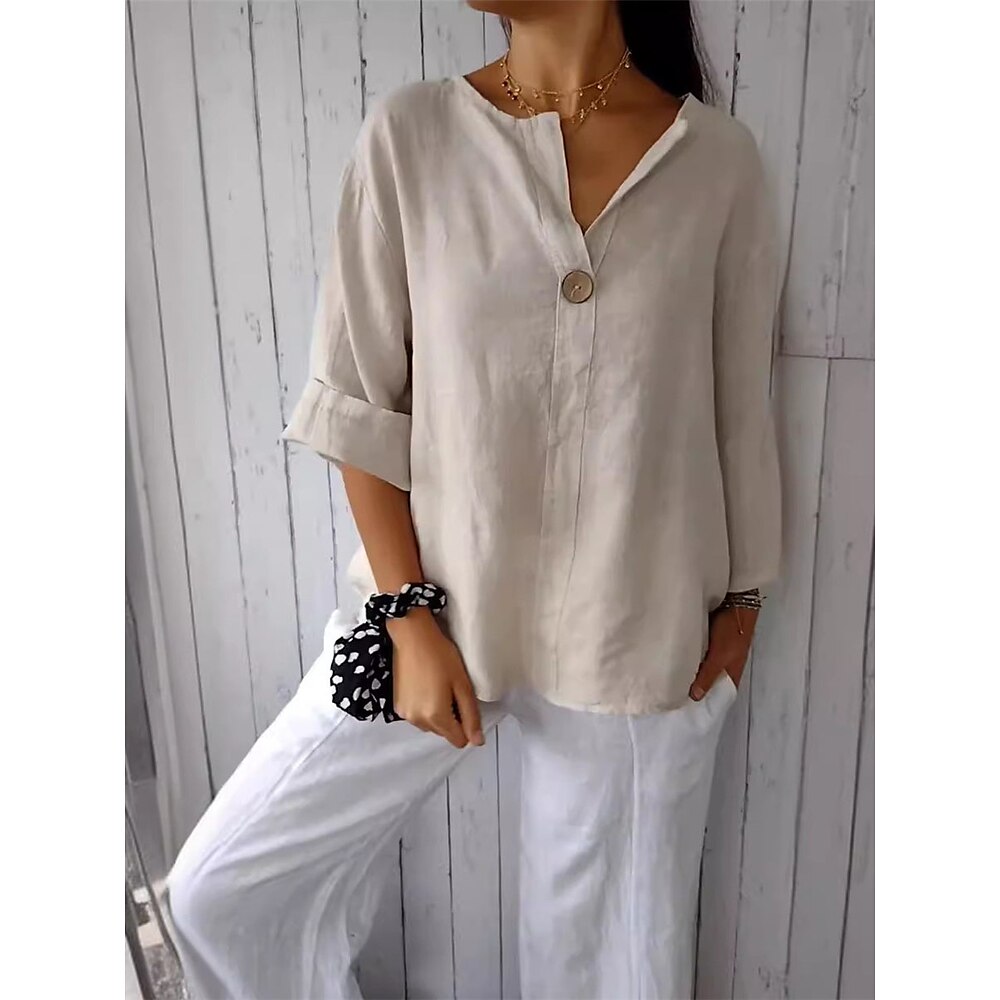 Damen Hemd Hemd aus Baumwollleinen Bluse Feste Farbe Basic Brautkleider schlicht Langarm Rundhalsausschnitt Normale Oberteile Täglich Knopf Weiß Beige Frühling Herbst Lightinthebox