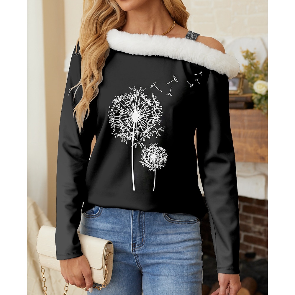 Damen Designer-Sweatshirt Polyester Löwenzahn Strasse Casual Bedruckt Modisch Strassenmode Pelzkragen Langarm Mikro-elastisch Frühling Herbst Lightinthebox