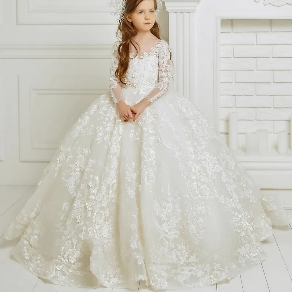 kinderkleidung Mädchen Blumenmädchen Kleid Kleid Kleid für die Erstkommunion Feste Farbe Langarm Formal Leistung Hochzeit Gitter Elegant Prinzessin Gitter Spitze Volle Länge Etuikleid Tüll-Kleid Lightinthebox