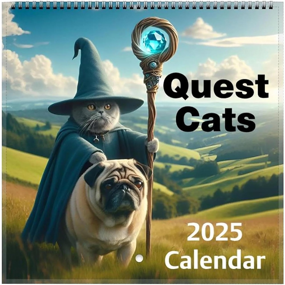 2025 seltsamer mittelalterlicher Erkundungs-Katzenkalender, seltsamer mittelalterlicher Quest-Katzenkalender 2025, lustiger Katzen-Wandkalender, Katzenplaner-Monatskalender, für Katzenliebhaber Lightinthebox