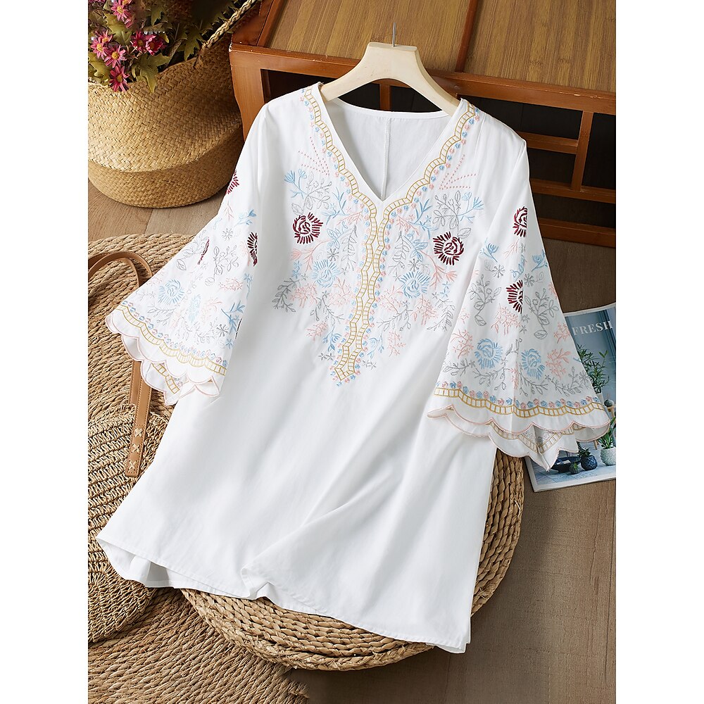 Damen Hemd Boho-Shirt Elegante Oberteile 100% Baumwolle Feste Farbe Blumen Bestickt Party Täglich Urlaub Brautkleider schlicht Boho Eine Glocke 3/4 Ärmel V Ausschnitt Weiß Herbst Frühling Sommer Lightinthebox