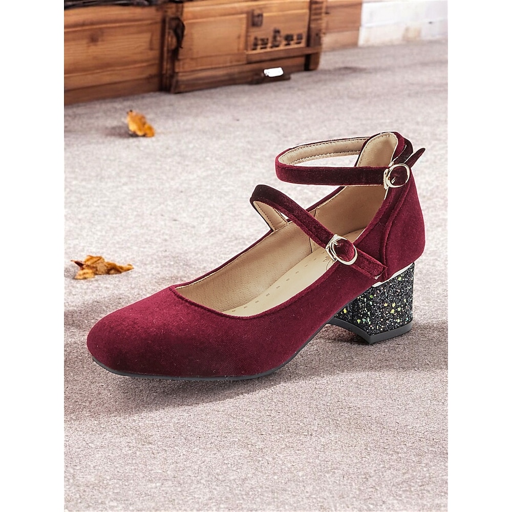 Burgunderrote Mary-Jane-Pumps aus Samt für Damen - Glitzer-Blockabsatz, Doppelriemen-Design, perfekt für Partys, Hochzeiten und Abendveranstaltungen Lightinthebox