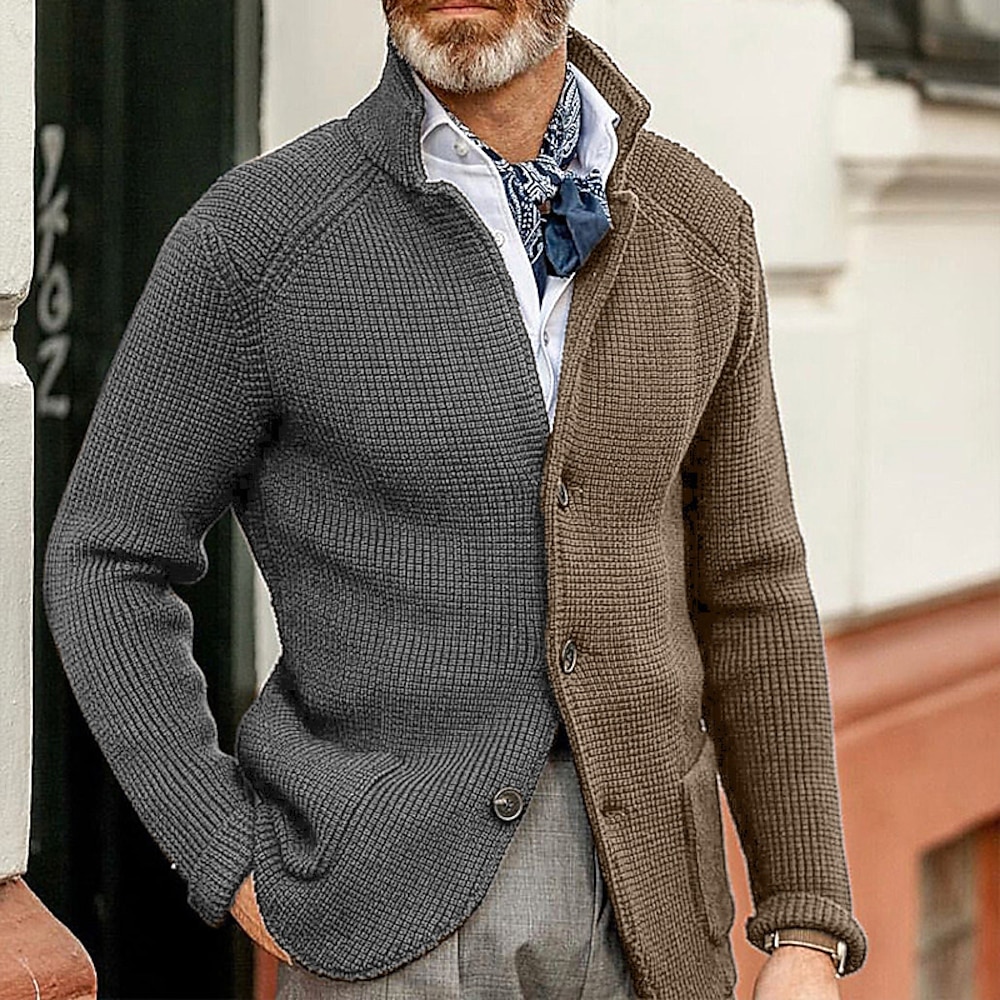 Herren Jacquard-Pullover Strickjacke Kurzer Pullover Gerippt Stricken Standard Strick Button-Down Farbblock Schalrevers Modisch Klassisch Freizeitskleidung Verabredung Bekleidung Herbst Winter Lightinthebox